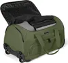 A green duffle bag with wheels, partially open and packed with clothes. Produktbild-Vorschau