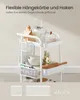 A white kitchen cart filled with various kitchen items, including a blender, bowls, bottles, and a rolling pin. Below the cart are images of hanging baskets and hooks. Náhľad obrázku produktu