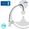 A chrome faucet with a curved spout, shown against a white and gray background with graphic elements. Produktbild-Vorschau
