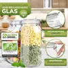 A close-up view of two glass jars filled with pasta, with various marketing elements and text overlays. Produktbild-Vorschau