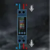 A digital energy meter mounted on a DIN rail, with input and output indicators. Produktbild-Vorschau