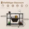 A bar cabinet with various storage options, including glass holders, bottle racks, and shelves, along with icons indicating its storage capabilities. Náhľad obrázku produktu