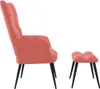 A pink velvet armchair and footrest with black legs, shown from the side against a white background. Voir les images du produit