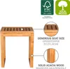 A wooden stool with informational callouts and logos. Produktbild-Vorschau