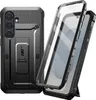 A black, rugged phone case with a built-in stand and a separate transparent screen protector is shown against a white background. The case has a carbon fiber texture on the back and a metallic finish on the sides and stand. Náhled obrázku produktu