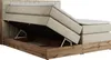 A beige upholstered king-size bed with a wooden frame, shown with its storage compartment open. Produktbild-Vorschau