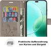A wallet-style phone case with cards and money inserted, next to a smartphone. Produktbild-Vorschau