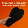 Schwarze Schuheinlagen mit strukturierter Fußgewölbestütze, von einer Hand gegen einen orangefarbenen Hintergrund gehalten, mit Werbetext Produktbild-Vorschau