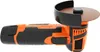 A cordless angle grinder with an orange and black body and a brown cutting disc, shown from a side angle against a white background. Podgląd zdjęcia produktu
