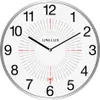 A white analog wall clock with black numbers and hands, and a silver frame. Produktbild-Vorschau