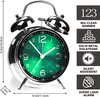 A retro-style alarm clock with a green face and silver bells, shown with feature callouts on the right side. Voir les images du produit