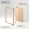 Exploded view of a poster frame showing its components: wooden frame, acrylic glass, and HDF backing. Produktbild-Vorschau