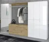 A modern hallway wardrobe with white high-gloss doors and wood-tone drawers and shelf, featuring a hanging rail with coats and a black handbag. Produktbild-Vorschau