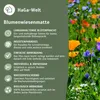 A marketing image for a flower meadow mat, showing a close-up of wildflowers on the right and descriptive text with icons on the left. Produktbild-Vorschau