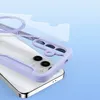 A close-up view of a phone case with a magnetic ring and flap, shown partially covering a smartphone. Produktbild-Vorschau