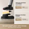 A close-up of a vacuum cleaner's cleaning head and its docking station, with accompanying text detailing cleaning features and times. Produktbild-Vorschau