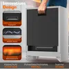 A person is holding the back of an electric heater, showcasing its features with text overlays. Produktbild-Vorschau