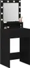 A black vanity table with a mirror and lights. Voir les images du produit