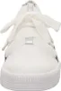 A close-up, front-facing view of a white sneaker with white ribbon laces and silver accents. Produktbild-Vorschau