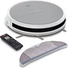 A white and gray robot vacuum cleaner with a black stripe, a remote control, and a mopping attachment, displayed on a white background. Produktbild-Vorschau