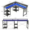 Two views of an L-shaped gaming desk with LED lighting and shelving. Produktbild-Vorschau