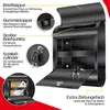 A black mailbox with various features highlighted by text and close-up images. Produktbild-Vorschau
