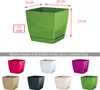 A green square planter with dimensions and volume indicated, along with a selection of other colored planters below. Produktbild-Vorschau