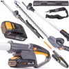 A collage of images showing parts of a telescopic hedge trimmer and its accessories. Produktbild-Vorschau