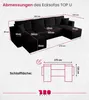 Diagrams and measurements of a black U-shaped sofa. Produktbild-Vorschau