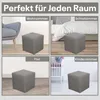 Collage showing a gray cube-shaped ottoman in different room settings: living room, bedroom, hallway, and children's room. Produktbild-Vorschau