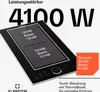 A black induction cooktop with text overlays highlighting its features and specifications. Produktbild-Vorschau