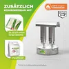 A marketing image showing a greenhouse heater with accompanying accessories and feature callouts. Produktbild-Vorschau