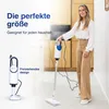 A woman is holding a steam cleaner in a modern kitchen/living room setting. There is also a static image of the steam cleaner on its stand on the left. Produktbild-Vorschau