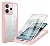 A pink and transparent phone case is shown from two angles. One angle shows the back of the case with the camera cutout, and the other shows the case with a phone inside, demonstrating its protective qualities. Produktbild-Vorschau