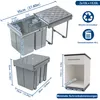 Diagrams and dimensions of a kitchen trash can system, with a separate image showing a cabinet cutout for installation. Voir les images du produit