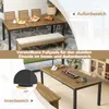 Collage of images showing a wooden dining table and bench set in outdoor and indoor settings, with close-ups of adjustable feet and a detail of the table surface. Anteprima dell’immagine prodotto
