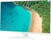 A white LG monitor displaying a tropical beach scene. Produktbild-Vorschau