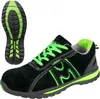 A pair of black and green work shoes, with a separate view of the sole. Produktbild-Vorschau