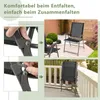Collage showing how to fold and unfold a black garden chair, with lifestyle shots of the chair in a garden and on a balcony. Náhľad obrázku produktu