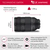 A product image with technical specifications and feature highlights for a camera lens. Produktbild-Vorschau
