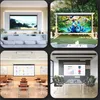 Collage of four different scenes showing projector screens in various settings: a living room, outdoors, a classroom, and a conference room. Produktbild-Vorschau