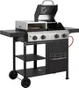 A black and silver gas grill with a pizza oven attachment, shown from a front-diagonal angle on a white background. Produktbild-Vorschau