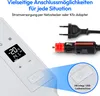 A close-up view of a portable cooler's control panel and power adapters, with text highlighting connectivity options. Produktbild-Vorschau