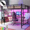 A loft bed with a desk and gaming chair underneath, illuminated by pink LED lights. Náhled obrázku produktu