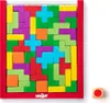A wooden puzzle game with colorful geometric pieces arranged within a red frame. Produktbild-Vorschau