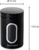 A black metal storage canister with a silver trim around a clear window, showing dimensions. Produktbild-Vorschau