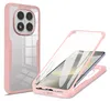 A pink and clear phone case is shown from two angles against a white background. One angle shows the back of the case with the camera cutout, and the other shows the case disassembled with a phone inside, demonstrating its protective features. Produktbild-Vorschau