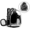 A black and clear pet backpack is shown against a white background. A smaller inset image shows the same backpack, partially covered in plastic wrap. Voir les images du produit