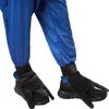 Close-up of the lower legs and feet of a costume, showing blue pants and black shoe covers with attached gloves. Produktbild-Vorschau