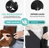 A split image comparing a dog carrier with buckles to one with zippers, showing a dog being placed into the carrier. Produktbild-Vorschau